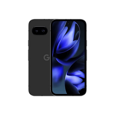 Ein schwarzes Smartphone, das von vorne und hinten gezeigt wird. Auf dem Bildschirm blaue Blüten. Auf der Rückseite befinden sich zwei Kameralinsen und ein Google-Logo.