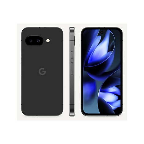 Schwarzes Smartphone, Ansicht von vorne, Seite und Rückseite. Doppelkamera, Google-Logo, Seitenknöpfe.