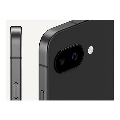 Nahaufnahme eines schwarzen Smartphones. Kamera-Detail mit zwei Linsen und Blitz. Links daneben Seitenansicht.