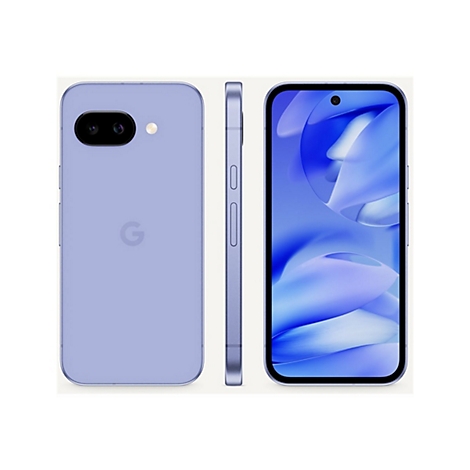 Hellblaues Smartphone von Google, von vorne, hinten und der Seite. Auf der Rückseite befinden sich zwei Kameras und das Google-Logo.