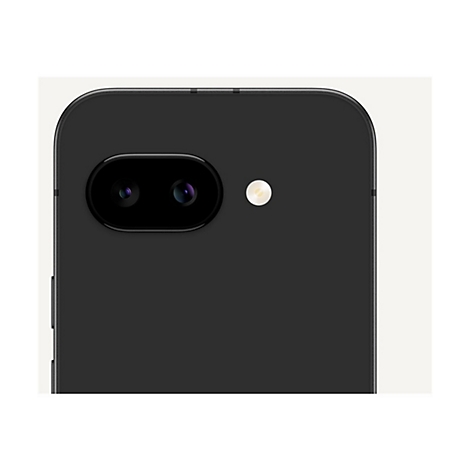 Nahaufnahme eines schwarzen Smartphones. Doppelkameralinse und Blitz auf dunkler Oberfläche.