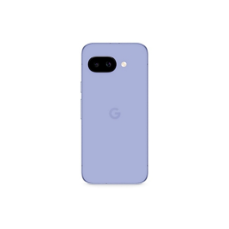 Hellblaues Smartphone von hinten. Zwei Kameras, Blitz, Google-Logo.