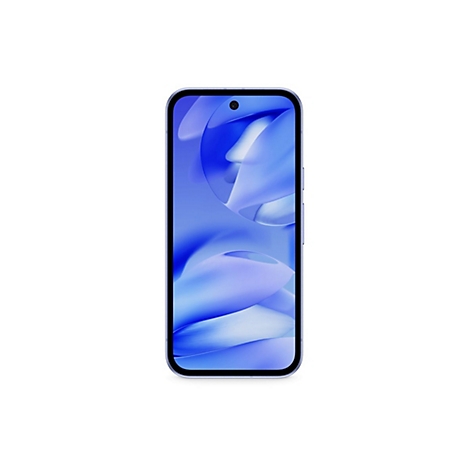 Smartphone-Ansicht von vorne. Das Display zeigt eine blaue, abstrakte Grafik mit einem schwarzen Kamerabereich.