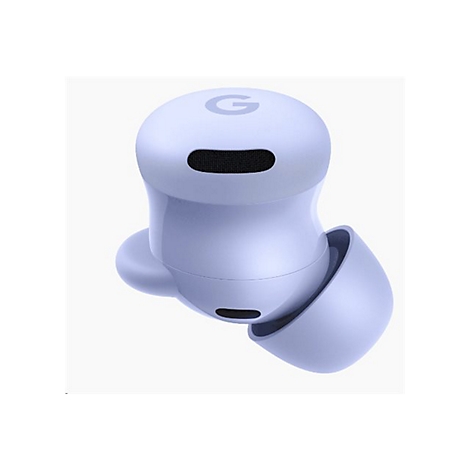 Ein helllila Kopfhörer, mit dem Google 'G' Logo. Schwarzes Gitter an der Seite.