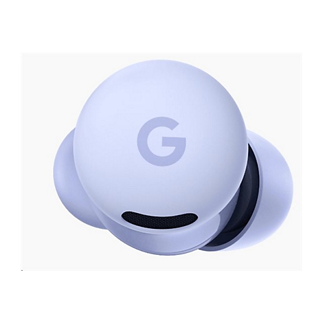 Hellblaue Google Pixel Buds. Auf dem größeren Ohrhörer ist das Google-Logo in Hellgrau zu sehen.