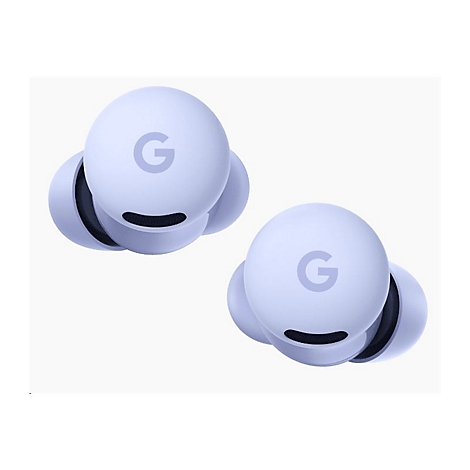 Zwei hellviolette Google Pixel Buds Ohrhörer vor weißem Hintergrund. Auf jedem Ohrhörer ist das Google "G" Logo zu sehen.