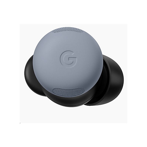 Hellgrauer Google-Kopfhörer mit 'G'-Logo. Schwarze Ohrstöpsel.