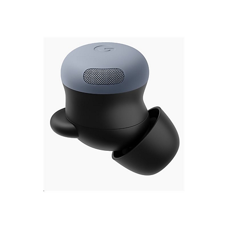 Nahaufnahme eines schwarzen und blaugrauen Ohrhörers. Das G-Logo ist auf dem blauen Teil zu sehen.