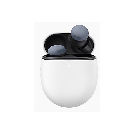 Kabellose Ohrhörer mit Ladecase. Weiße Hülle, blaue Ohrhörer mit schwarzem Detail. Oben offen. Helle Umgebung.