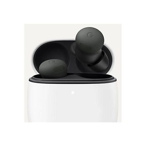 Draufsicht auf offene weiße Ladeschale mit grünen Kopfhörern. Der Deckel ist geöffnet, zeigt die schwarzen Aussparungen für die Kopfhörer.