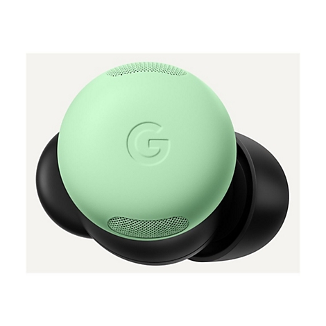 Nahaufnahme eines grünen Google Pixel Buds Ohrhörers mit schwarzem Ohrstück und dem Google "G"-Logo.