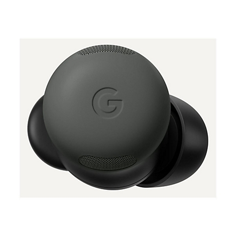 Nahaufnahme eines olivgrünen Google-Kopfhörers mit dem Google-Logo. Der Ohrhörer ist schwarz.