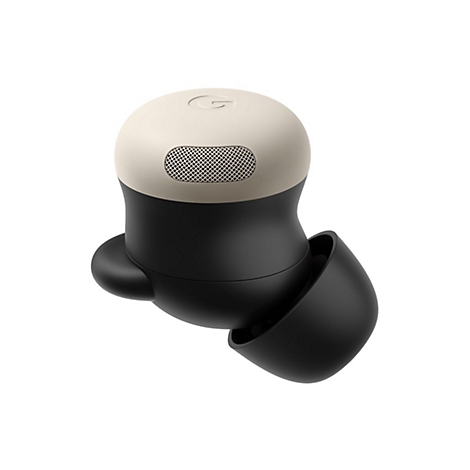 Nahaufnahme eines schwarzen und cremefarbenen Kopfhörers mit Logo auf weißem Hintergrund.