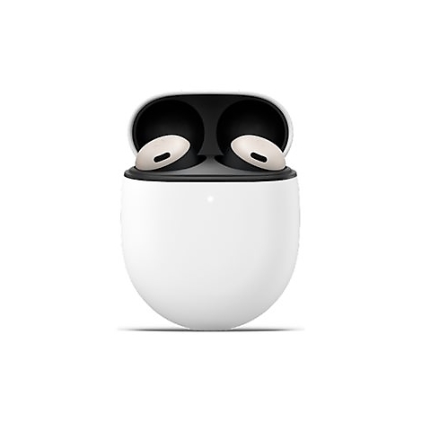 Kabellose Kopfhörer in einer weißen Ladebox. Die Kopfhörer sind beige und schwarz.