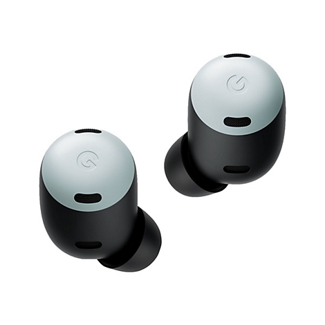 Zwei schwarz-hellblaue In-Ear-Kopfhörer mit Google-G-Logo vor weißem Hintergrund.
