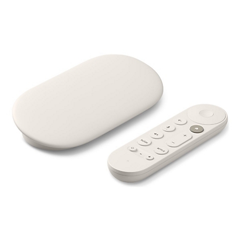 Heller Streaming-Player mit ovalem Gehäuse und minimalistischer Fernbedienung vor weißem Hintergrund.