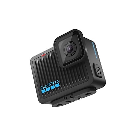 Schwarze GoPro-Kamera mit blauem Logo. Oberhalb des Objektivs ist ein rotes Licht zu sehen. Auf der Seite steht HERO.
