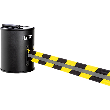 Zwarte afzetpaal met geel-zwarte tape. Er staat een slot-symbool op de zijkant.