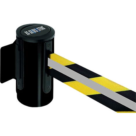 Zwarte barrière met geel-zwarte waarschuwingstape. "RS-GUIDESYSTEMS" staat op de bovenkant van de behuizing.