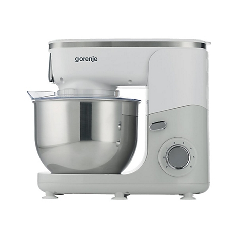 Weiße Gorenje Küchenmaschine mit Edelstahl-Rührschüssel vor neutralem Hintergrund.