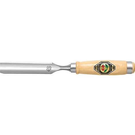 A chisel, with wooden handle and logo. The blade is silver and has a logo.