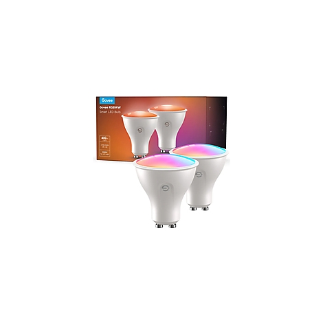 Drei weiße LED-Lampen mit farbigem Licht, eine graue Verpackung mit Produktinformationen.