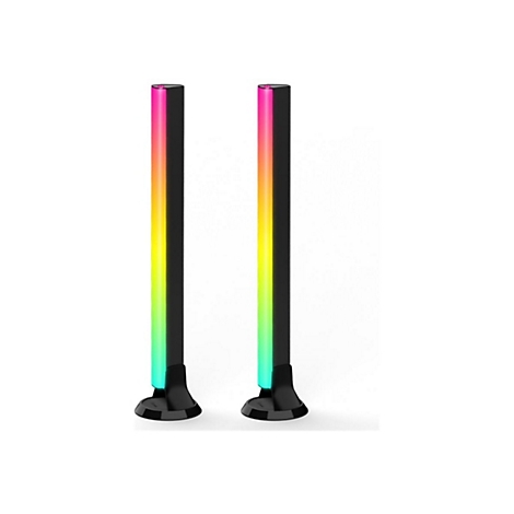 Zwei schwarze LED-Leuchten mit Farbverlauf, der von Rosa nach Grün wechselt.