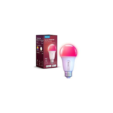 Eine Glühbirne leuchtet pink. Daneben eine Verpackung mit Produktinformationen.