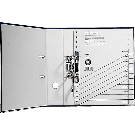 Open blue file folder with metal mechanism and papers.