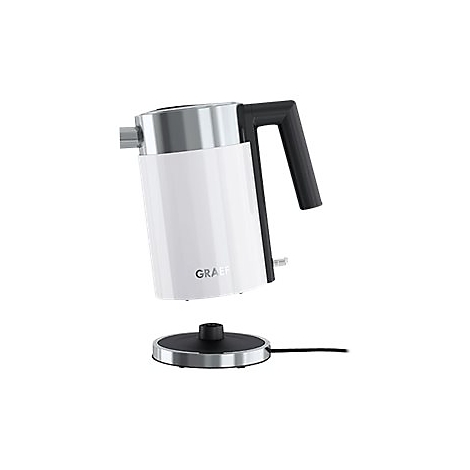 Weißer Graef Wasserkocher mit schwarzem Griff und Metallsockel vor neutralem Hintergrund.