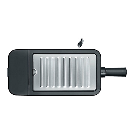 Draufsicht eines elektrischen Kontaktgrills mit schwarzem Kunststoffgehäuse und gerillter silberner Grillplatte.