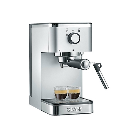 Silberne Graef Espressomaschine mit zwei Espressogläsern auf einem neutralen Hintergrund.