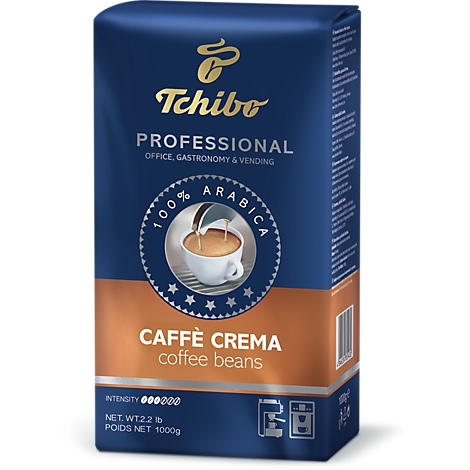 Grains de café Tchibo Professional Caffè Crema dans un emballage bleu et marron de 1000g.
