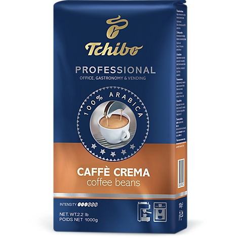 Grains de café Tchibo Professional Caffè Crema dans un emballage bleu foncé et marron de 1000g.