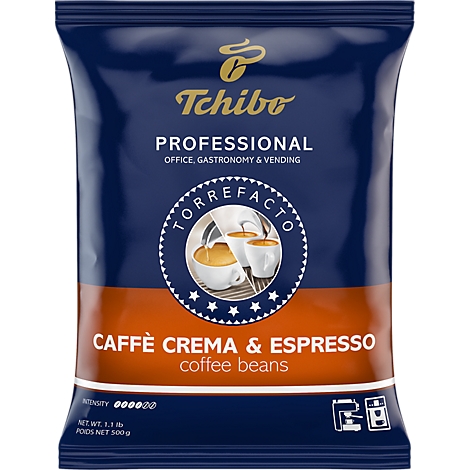 Paquet de café en grains Tchibo Professional Caffè Crema & Espresso (500g) bleu et orange.