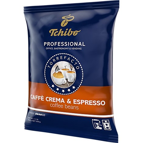 Emballage de grains de café Tchibo Professional Caffè Crema & Espresso bleu et orange.