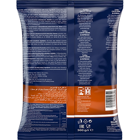 Dos d'un paquet de café Tchibo Caffe Crema & Espresso bleu foncé avec de nombreuses informations textuelles.