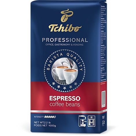 Paquet de café en grains Espresso Tchibo Professional bleu avec logo Barista Quality et deux tasses.