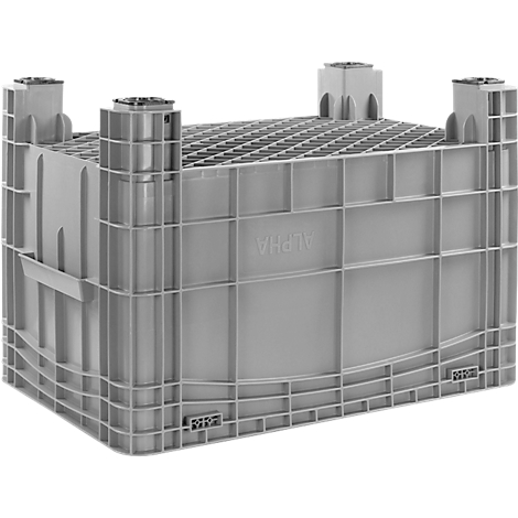 Bac en plastique gris avec fond en grille et le mot "ALPHA".