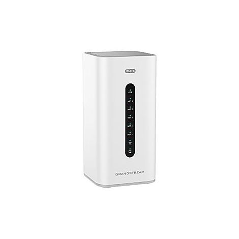 WeiÃŸer Router mit LED-Anzeige. Oben Wi-Fi-Symbol, unten Markenname Grandstream. Schwarze vertikale Anzeige mit blauen Lichtern.