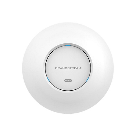 Draufsicht auf einen weiÃŸen Grandstream WLAN-Access-Point, mit Markenlogo und WIFI-Symbol.