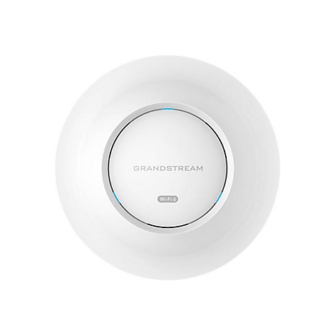 Draufsicht auf einen weißen WLAN-Router mit den Logos Grandstream und Wi-Fi 6.