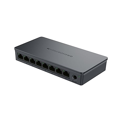 Grauer Netzwerk-Switch mit acht AnschlÃ¼ssen, vorne befinden sich LEDs, auf dem GehÃ¤use steht Grandstream.