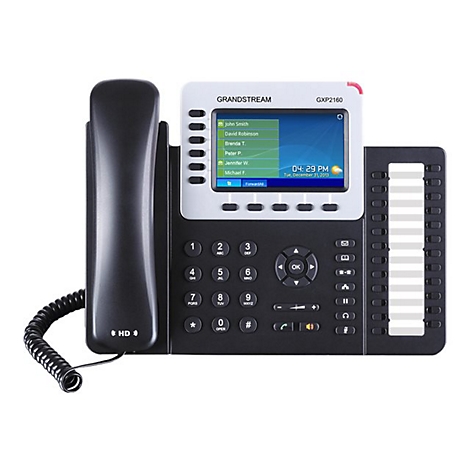 Schwarzes IP-Telefon mit Display, Tasten und HÃ¶rer.