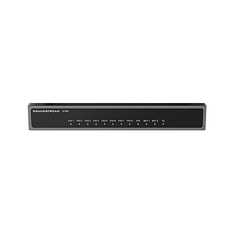 Grauer Netzwerk-Router mit grünen Lichtern und Schriftzug.