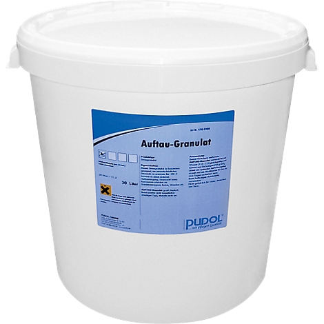 Seau blanc avec couvercle et étiquette. L'étiquette indique "Auftau-Granulat". Le logo "pudol" est visible en bas à droite.