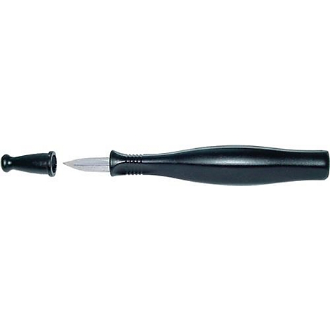Vue détaillée d'un couteau à huîtres noir avec une lame pointue et un capuchon séparé.