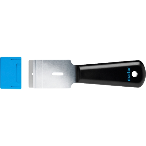 Grattoir avec manche noir, lame argentée et protecteur bleu. La poignée porte l'inscription "martor".