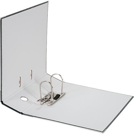 White binder, open. Metal brackets for filing. Three holes on the left side.