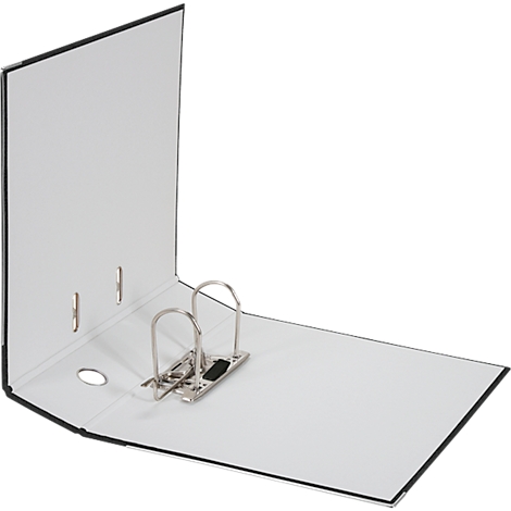 Open binder with white paper and silver metal mechanism.